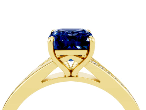 Yellow gold Emerald Cut Blue Sapphire Solitaire Ring with Pavé Band and Prong Setting_28