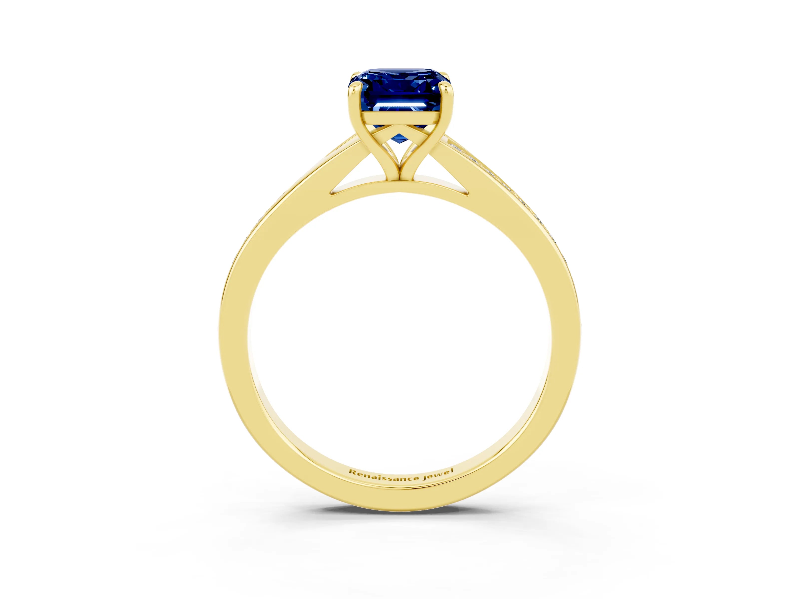 Yellow gold Emerald Cut Blue Sapphire Solitaire Ring with Pavé Band and Prong Setting_3