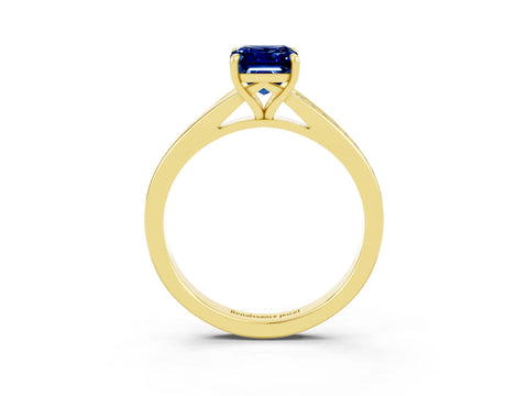 Yellow gold Emerald Cut Blue Sapphire Solitaire Ring with Pavé Band and Prong Setting_3
