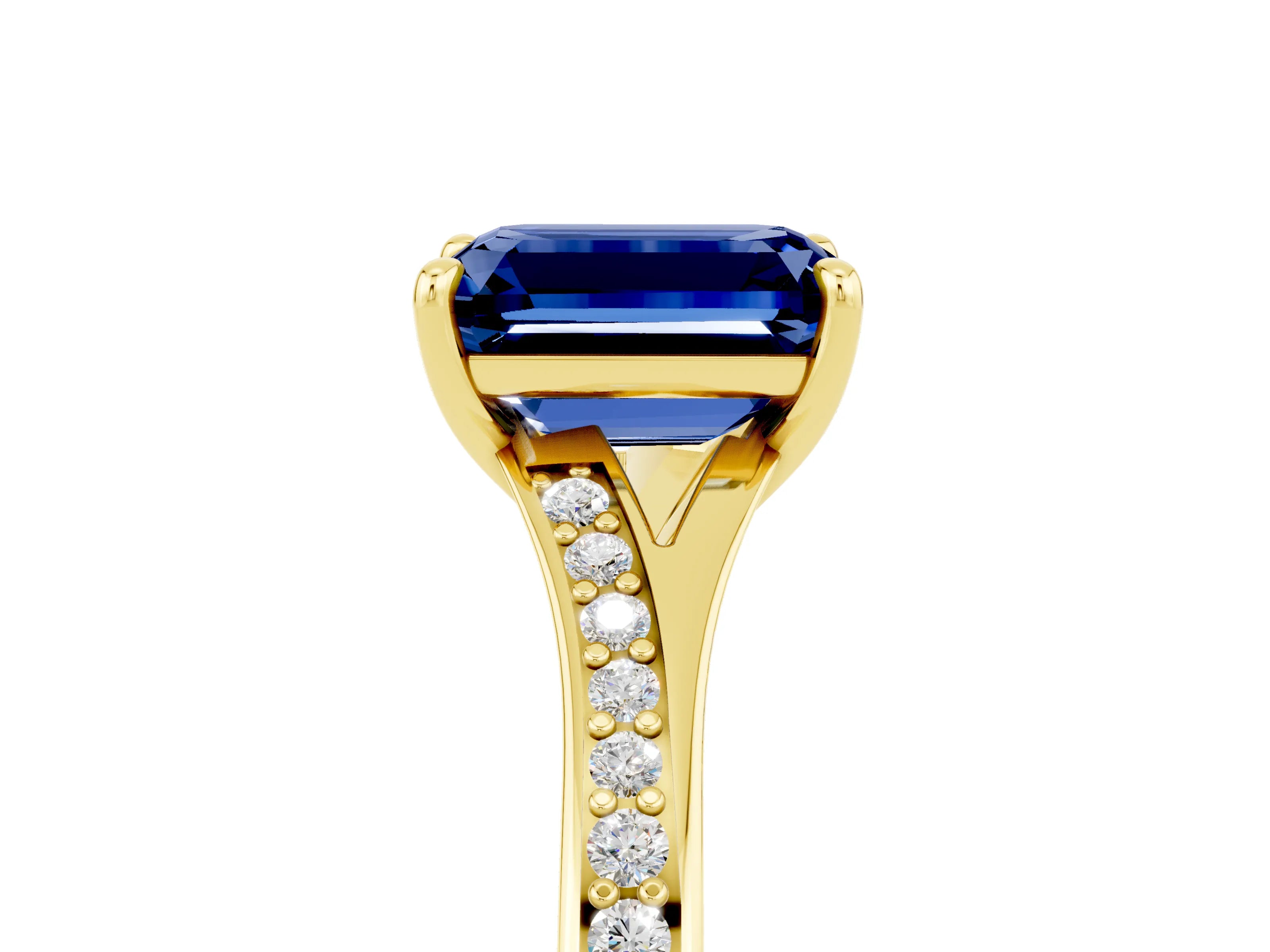 Yellow gold Emerald Cut Blue Sapphire Solitaire Ring with Pavé Band and Prong Setting_5