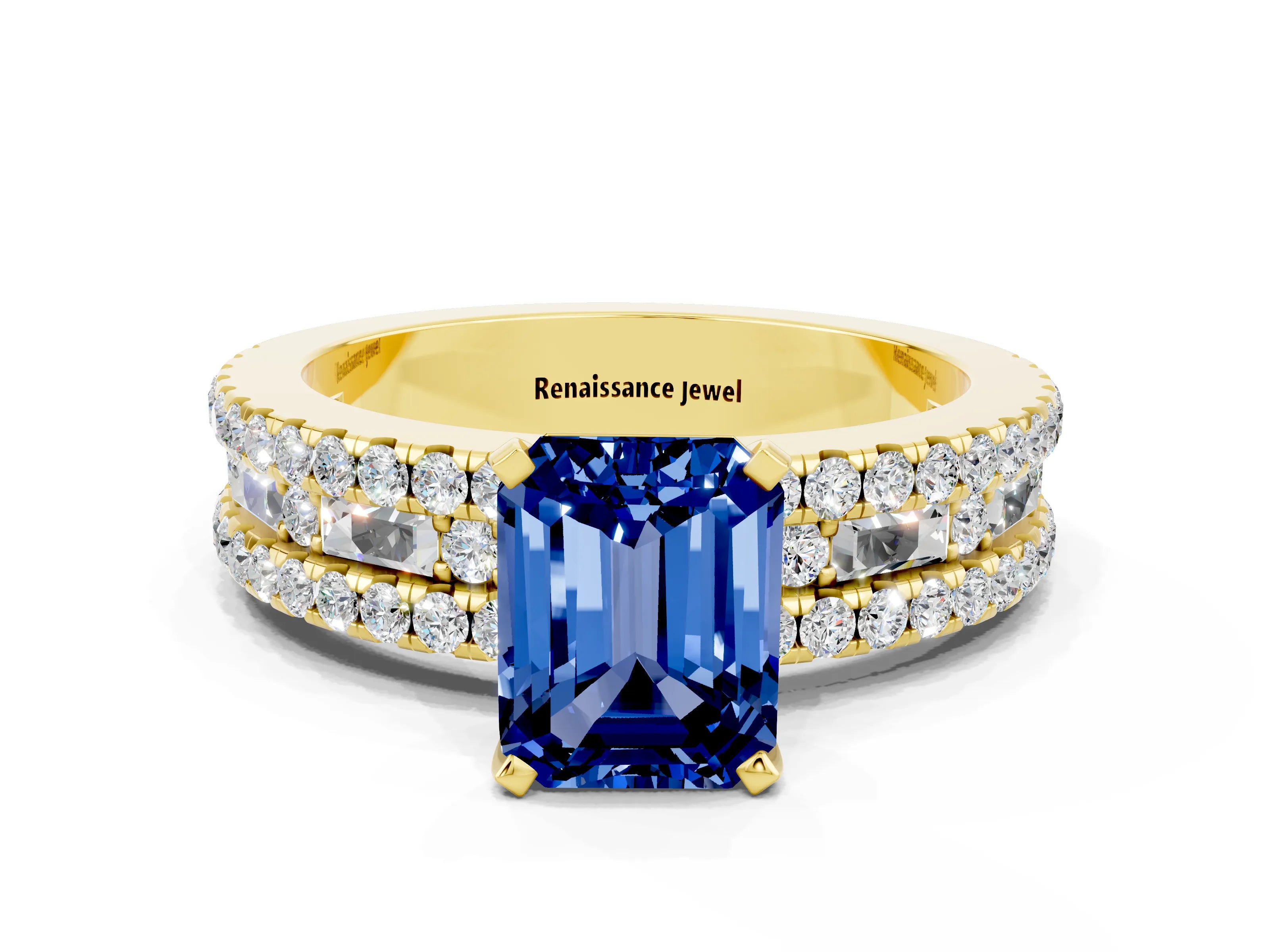 Yellow gold Emerald Cut Blue Sapphire Solitaire Ring with Pavé and Channel Set Band