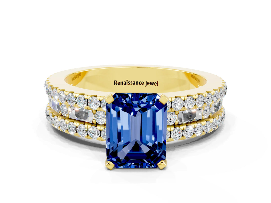 Yellow gold Emerald Cut Blue Sapphire Solitaire Ring with Pavé and Channel Set Band