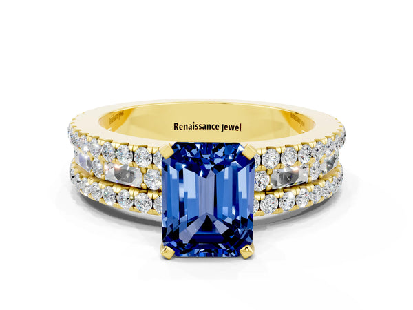 Yellow gold Emerald Cut Blue Sapphire Solitaire Ring with Pavé and Channel Set Band
