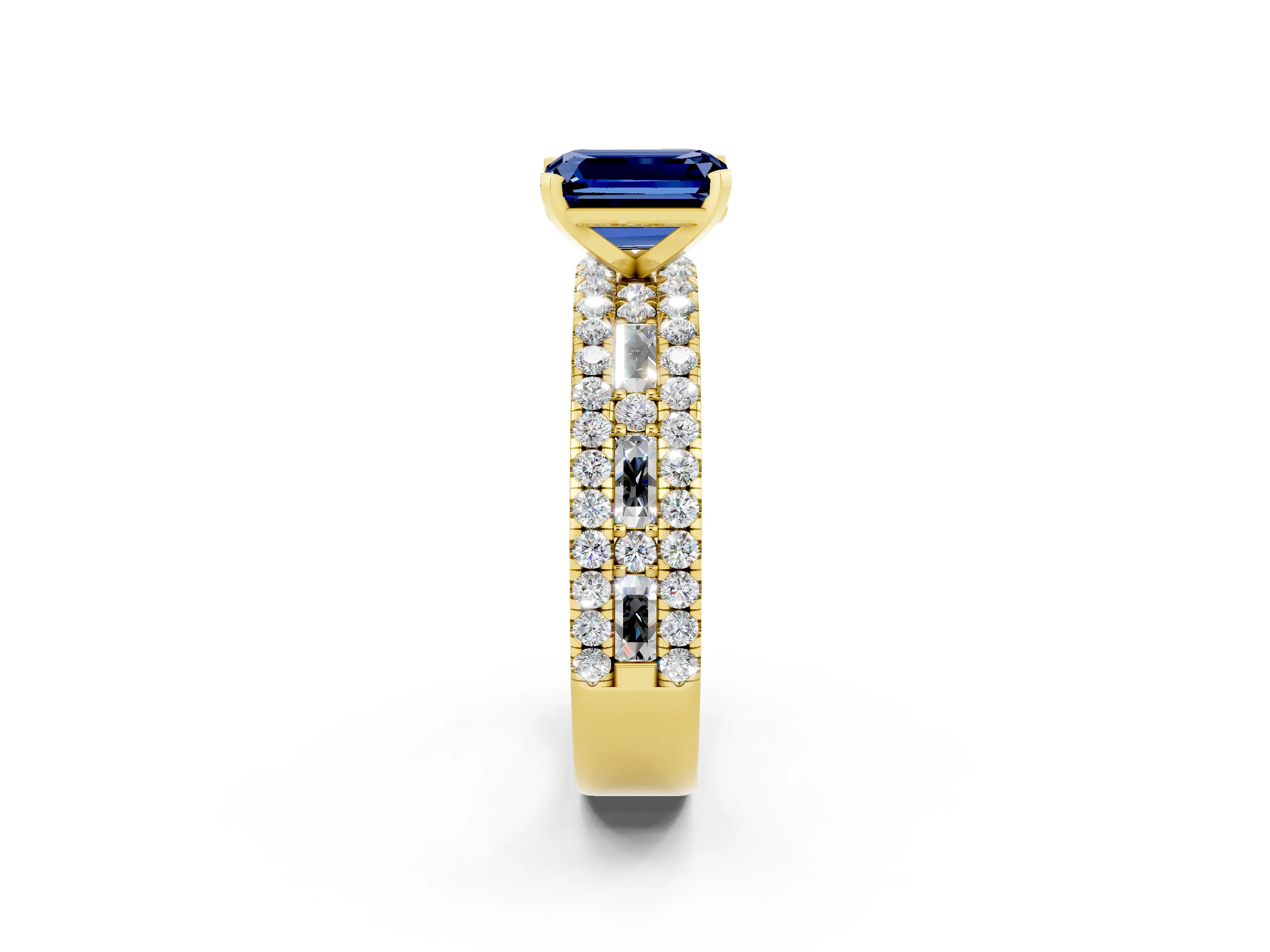 Yellow gold Emerald Cut Blue Sapphire Solitaire Ring with Pavé and Channel Set Band_2