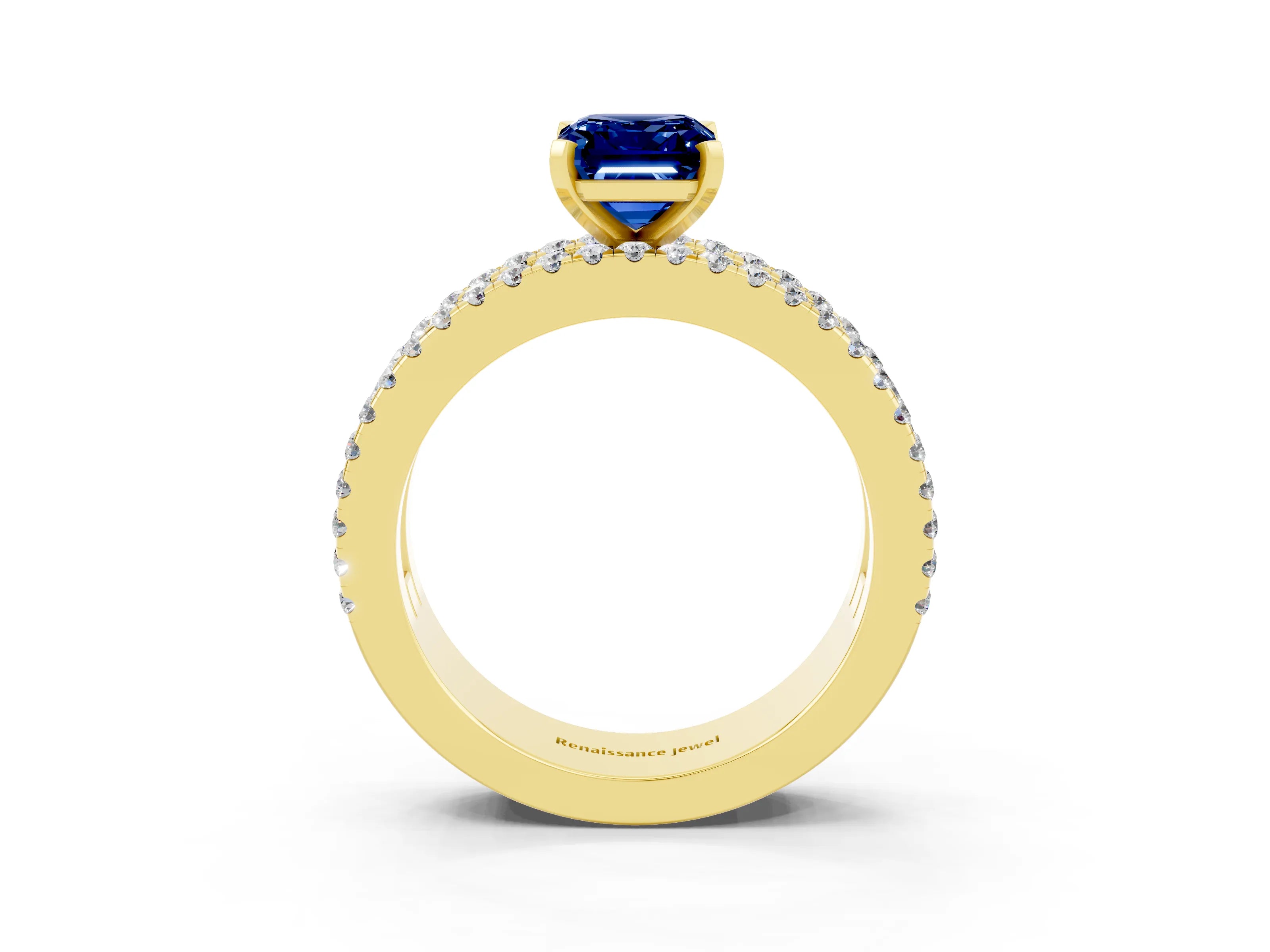 Yellow gold Emerald Cut Blue Sapphire Solitaire Ring with Pavé and Channel Set Band_3
