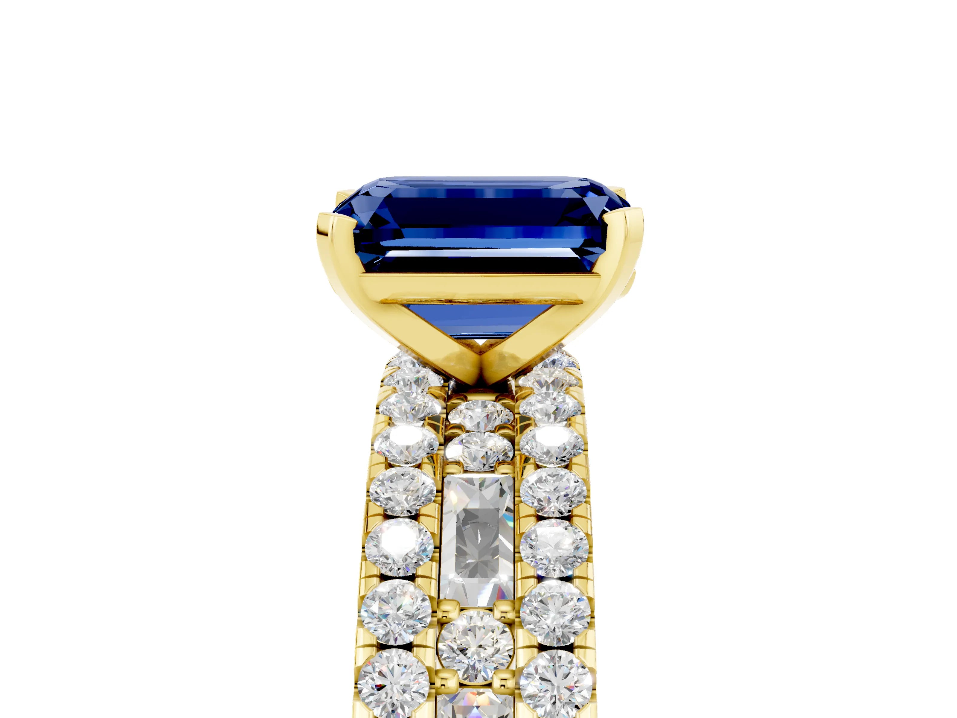 Yellow gold Emerald Cut Blue Sapphire Solitaire Ring with Pavé and Channel Set Band_5
