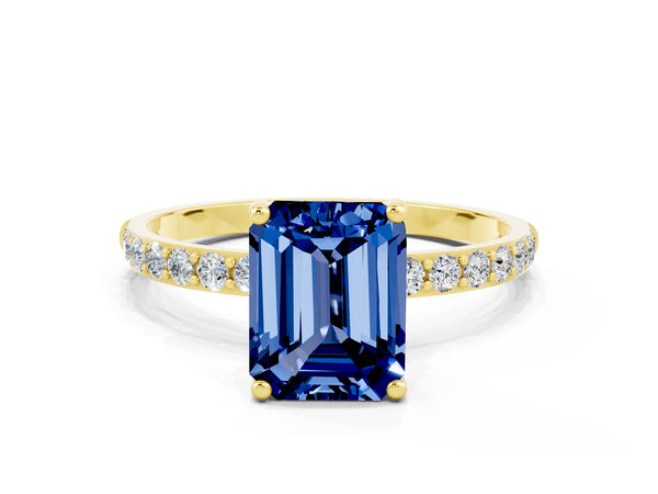 Yellow gold Emerald Cut Blue Sapphire Solitaire Ring with Round  Pavé Band and Prong Setting