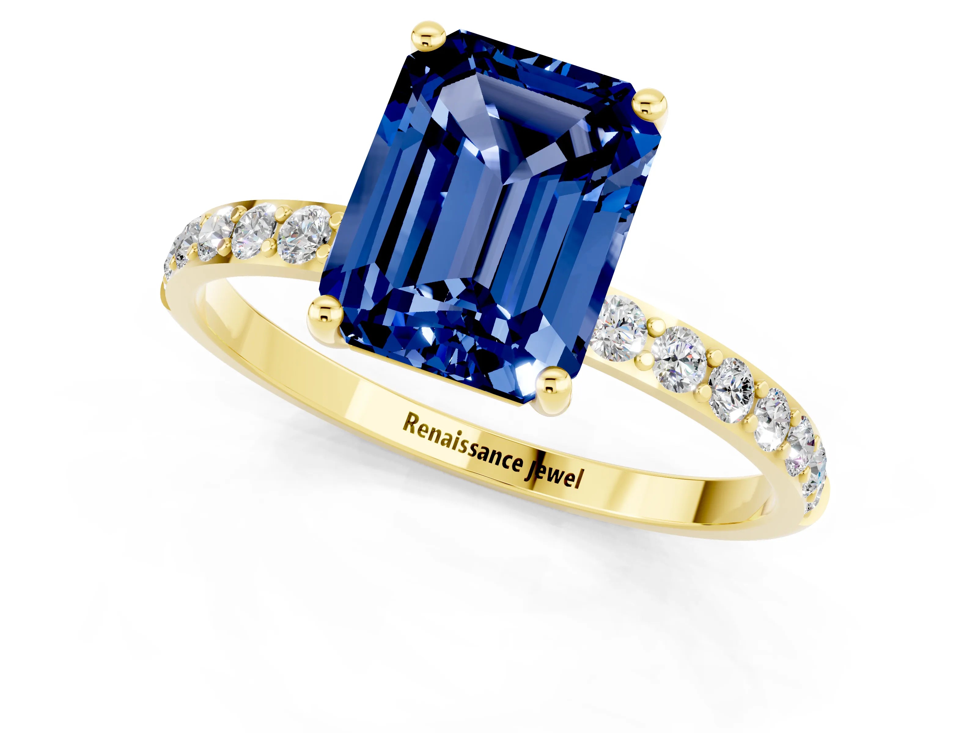 Yellow gold Emerald Cut Blue Sapphire Solitaire Ring with Pave Band and Four Prong Setting_25