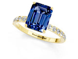 Yellow gold Emerald Cut Blue Sapphire Solitaire Ring with Pave Band and Four Prong Setting_25