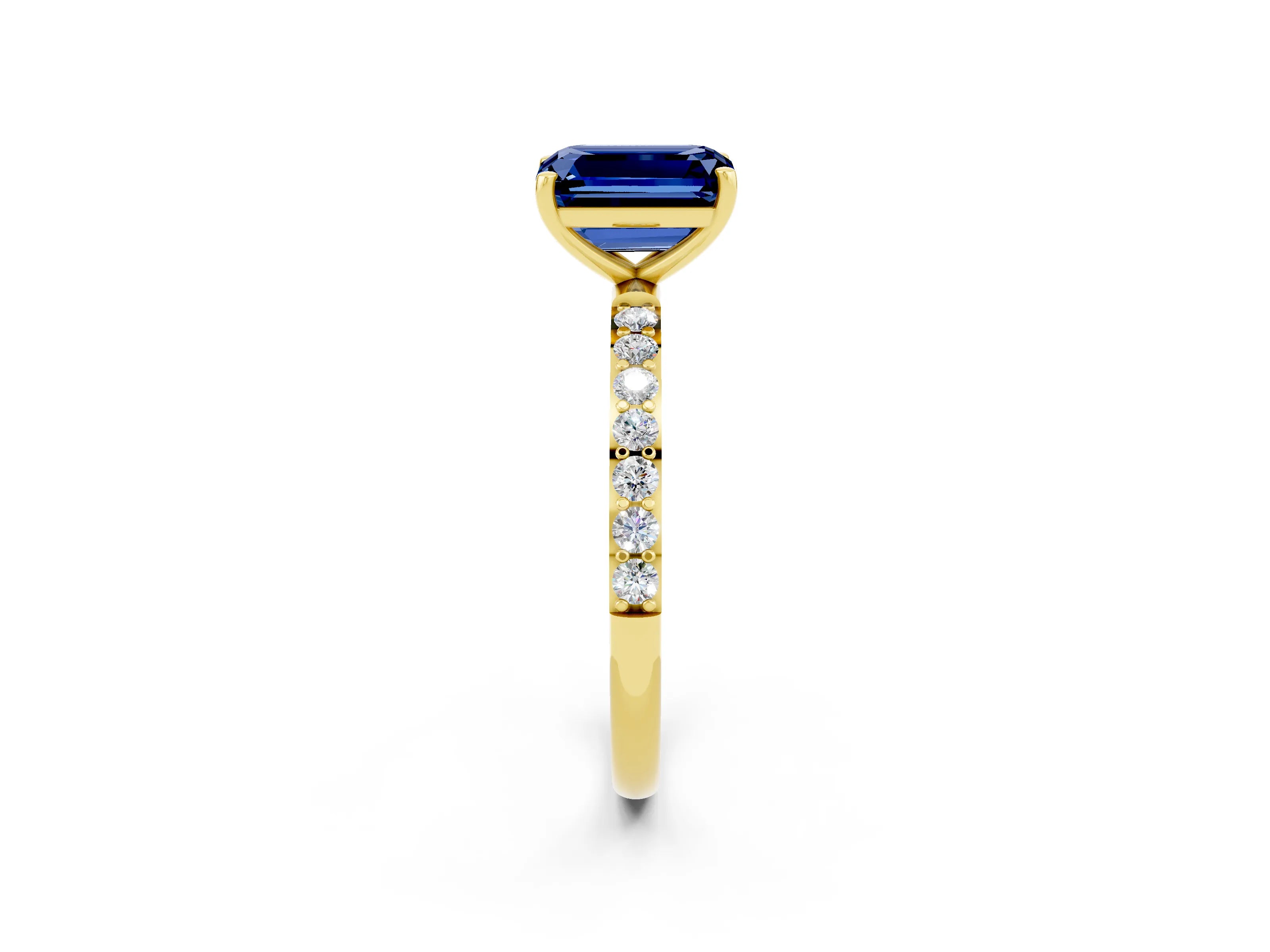 Yellow gold Emerald Cut Blue Sapphire Solitaire Ring with Pave Band and Four Prong Setting_26