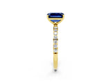 Yellow gold Emerald Cut Blue Sapphire Solitaire Ring with Pave Band and Four Prong Setting_26