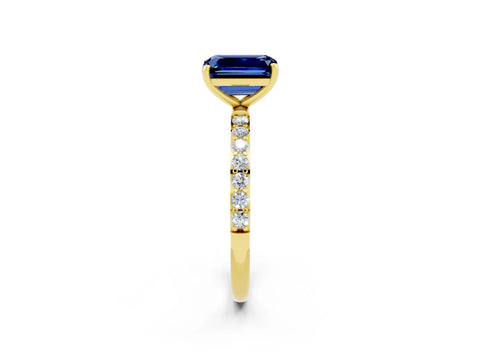 Yellow gold Emerald Cut Blue Sapphire Solitaire Ring with Pave Band and Four Prong Setting_26