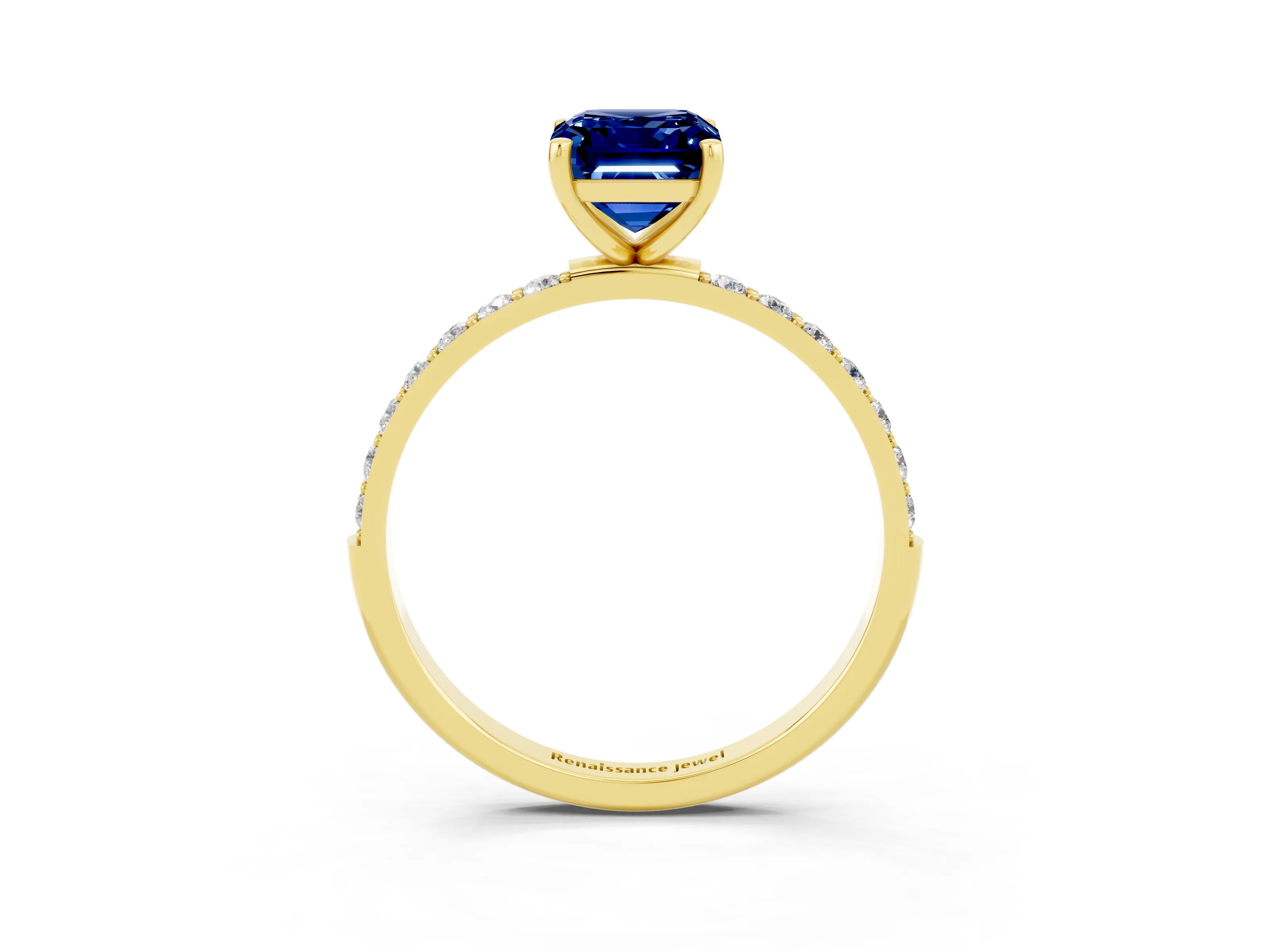 Yellow gold Emerald Cut Blue Sapphire Solitaire Ring with Pave Band and Four Prong Setting_27