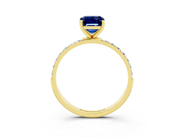 Yellow gold Emerald Cut Blue Sapphire Solitaire Ring with Round  Pavé Band and Prong Setting