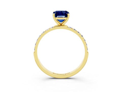 Yellow gold Emerald Cut Blue Sapphire Solitaire Ring with Pave Band and Four Prong Setting_27