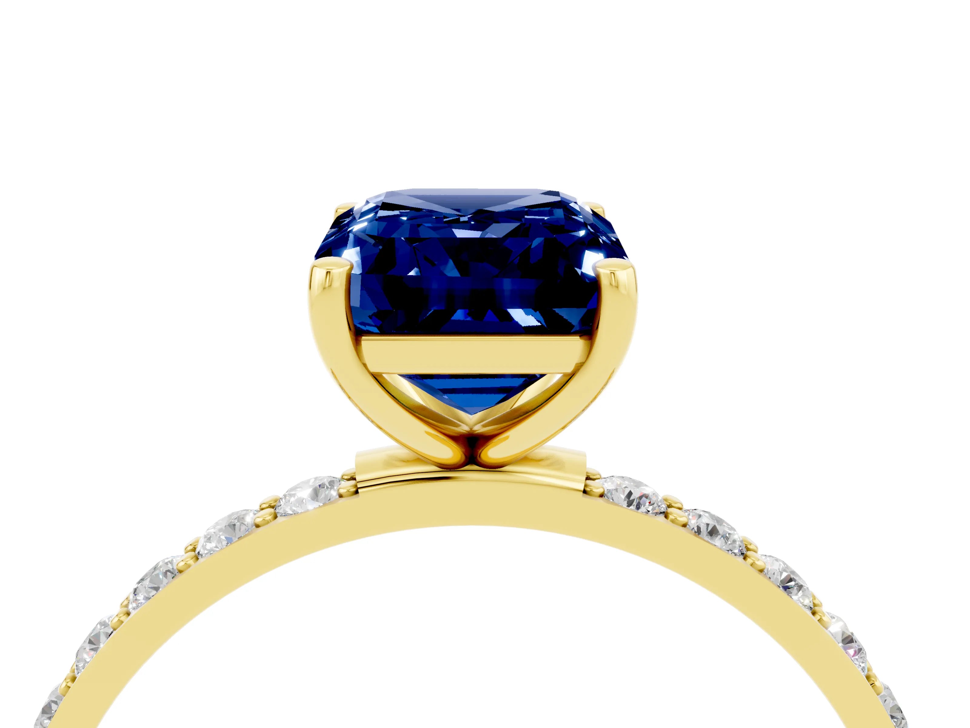 Yellow gold Emerald Cut Blue Sapphire Solitaire Ring with Pave Band and Four Prong Setting_28