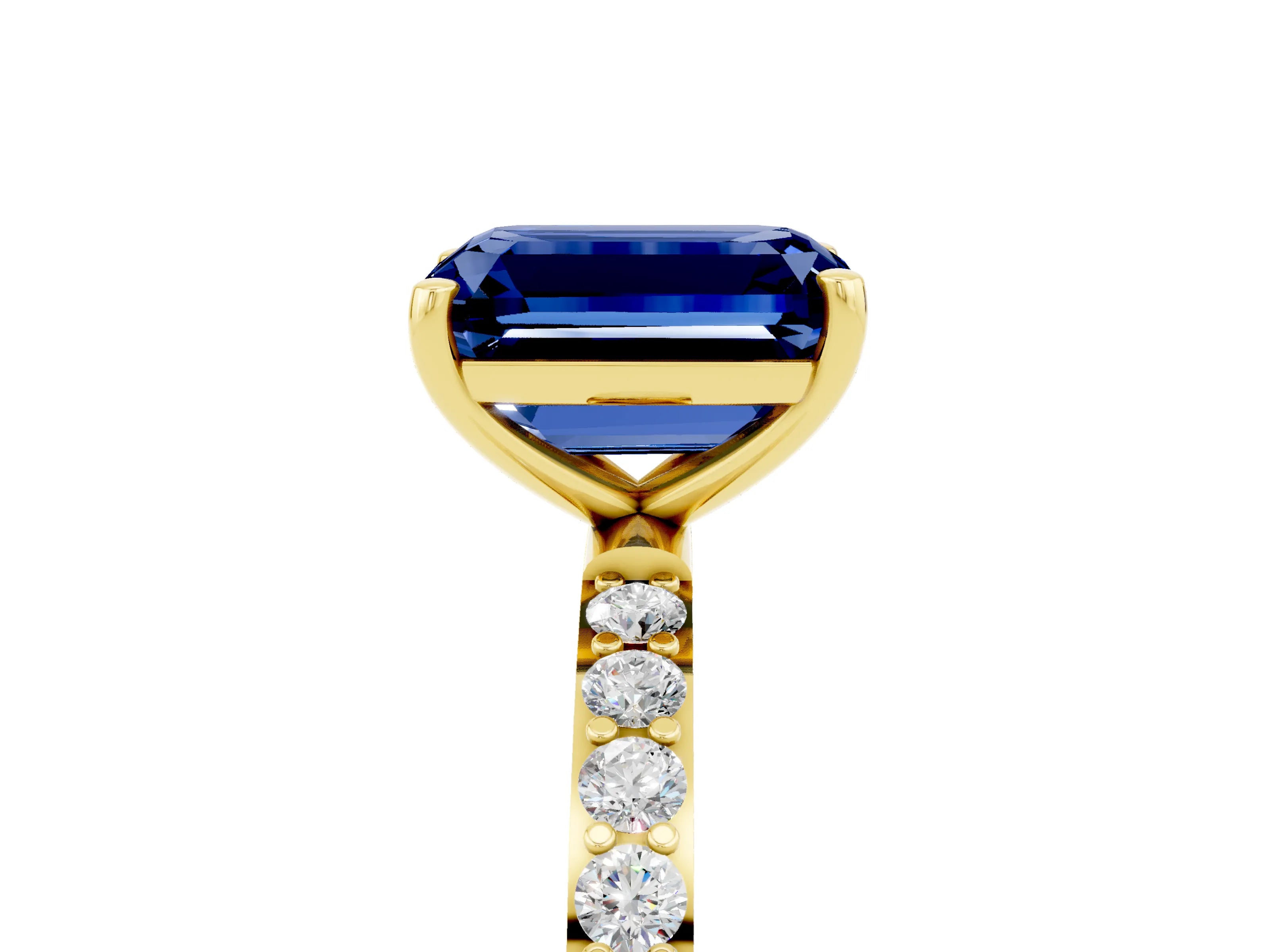 Yellow gold Emerald Cut Blue Sapphire Solitaire Ring with Pave Band and Four Prong Setting_29