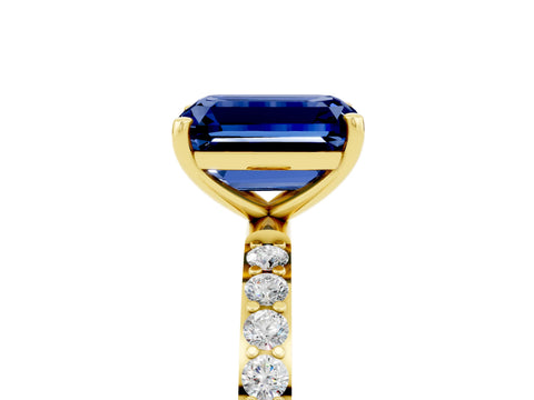 Yellow gold Emerald Cut Blue Sapphire Solitaire Ring with Pave Band and Four Prong Setting_29
