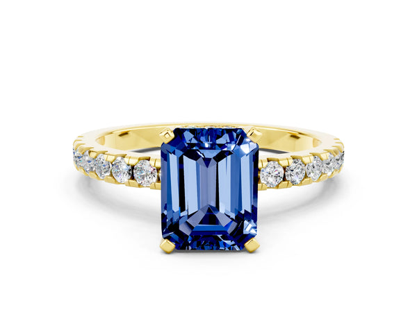 Yellow gold Emerald Cut Blue Sapphire Solitaire Ring with Round  Pavé Band and Four-Prong Setting