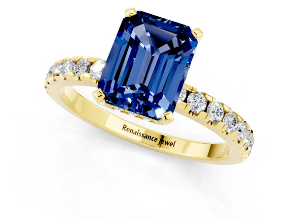 Yellow gold Emerald Cut Blue Sapphire Solitaire Ring with Round  Pavé Band and Four-Prong Setting