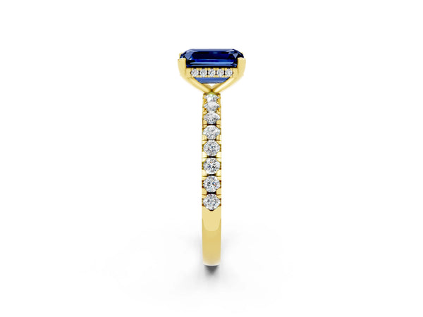 Yellow gold Emerald Cut Blue Sapphire Solitaire Ring with Round  Pavé Band and Four-Prong Setting