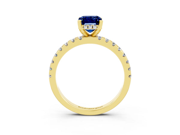 Yellow gold Emerald Cut Blue Sapphire Solitaire Ring with Round  Pavé Band and Four-Prong Setting