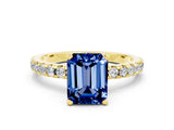 Yellow gold Emerald Cut Blue Sapphire Solitaire Ring with Round  Pavé Band and Four-Prong Setting_38