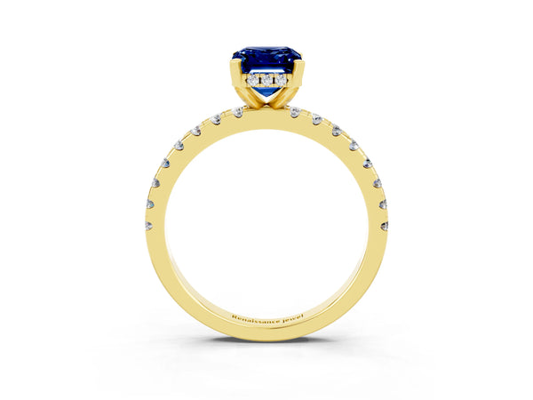 Yellow gold Emerald Cut Blue Sapphire Solitaire Ring with Round Pavé Band and Four-Prong Setting