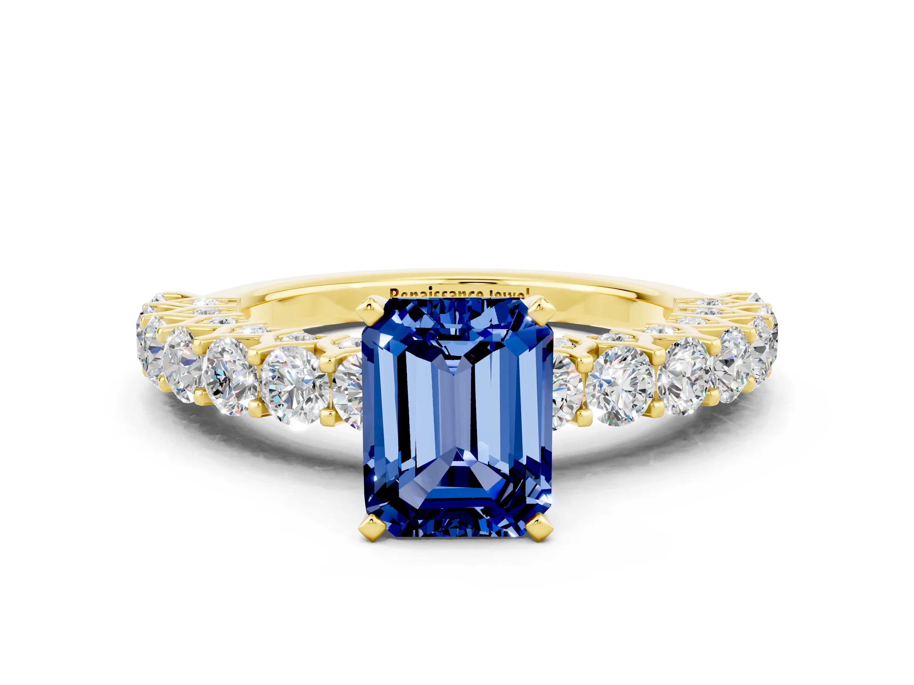 Yellow gold Emerald Cut Blue Sapphire Solitaire Ring with Shared Prong Pavé Band and Four-Prong Setting
