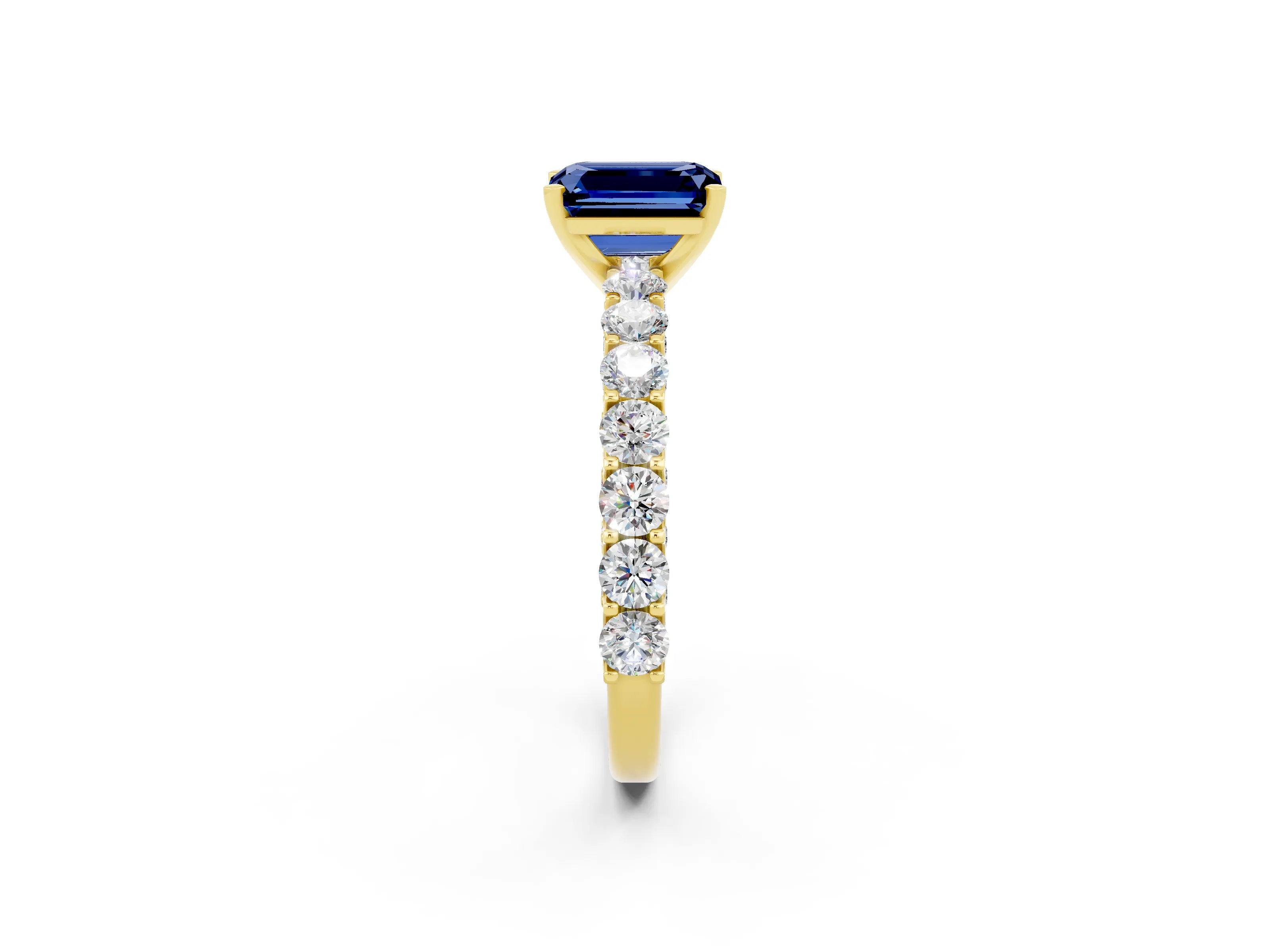 Yellow gold Emerald Cut Blue Sapphire Solitaire Ring with Shared Prong Pavé Band and Four-Prong Setting_2