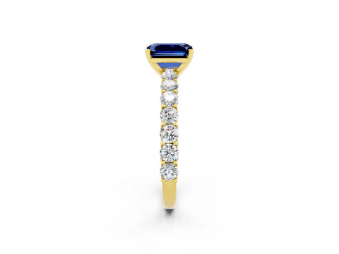 Yellow gold Emerald Cut Blue Sapphire Solitaire Ring with Shared Prong Pavé Band and Four-Prong Setting_2