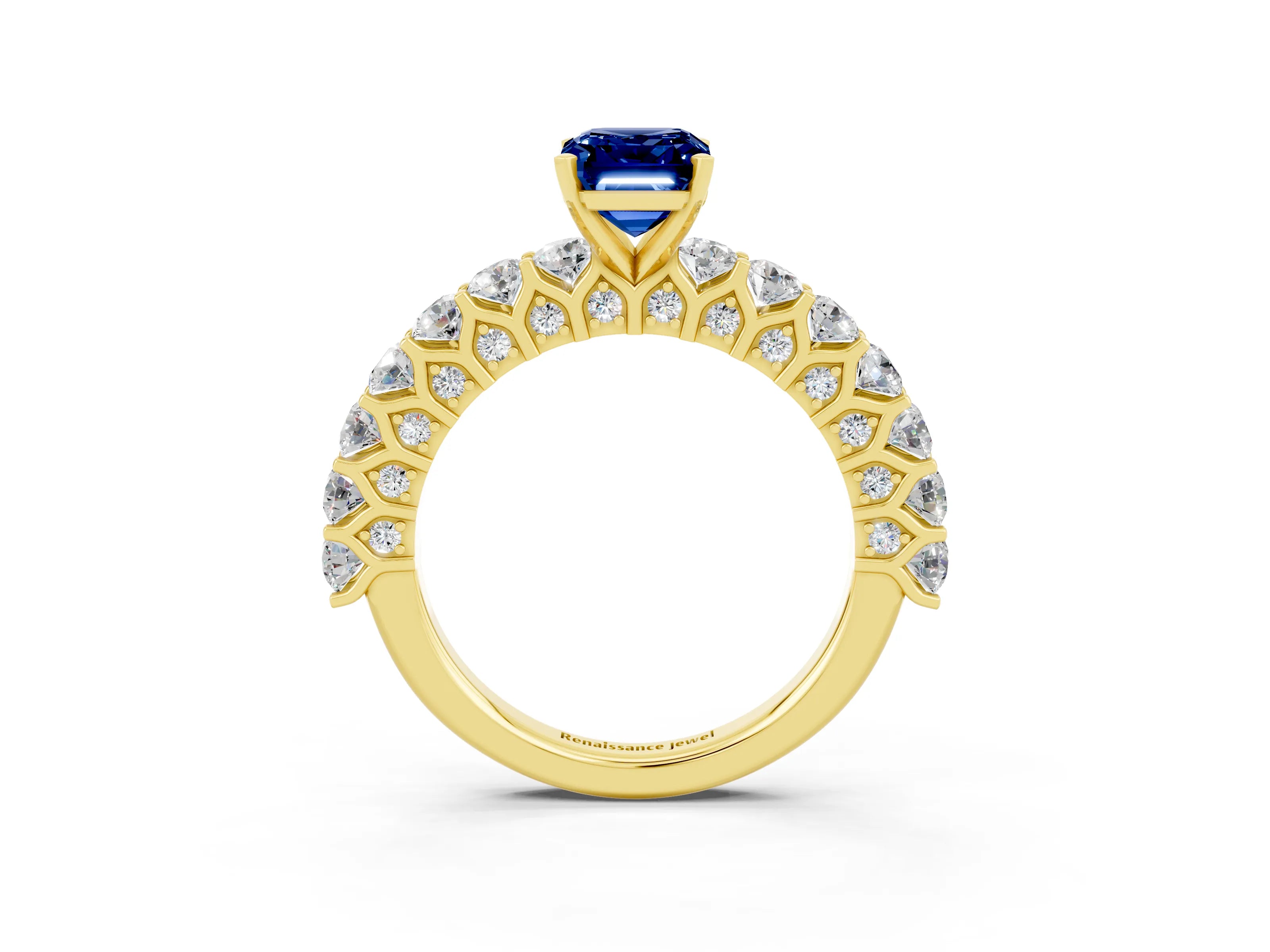 Yellow gold Emerald Cut Blue Sapphire Solitaire Ring with Shared Prong Pavé Band and Four-Prong Setting_3