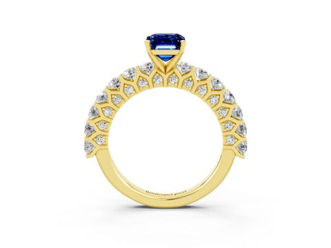 Yellow gold Emerald Cut Blue Sapphire Solitaire Ring with Shared Prong Pavé Band and Four-Prong Setting_3