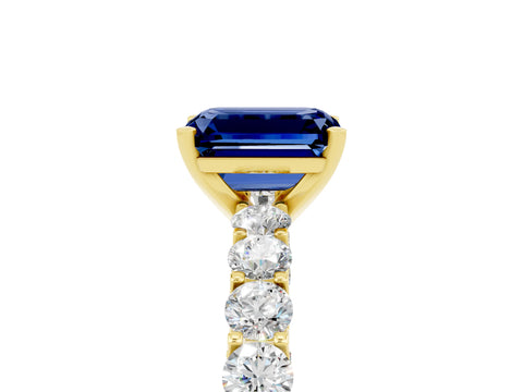 Yellow gold Emerald Cut Blue Sapphire Solitaire Ring with Shared Prong Pavé Band and Four-Prong Setting_5
