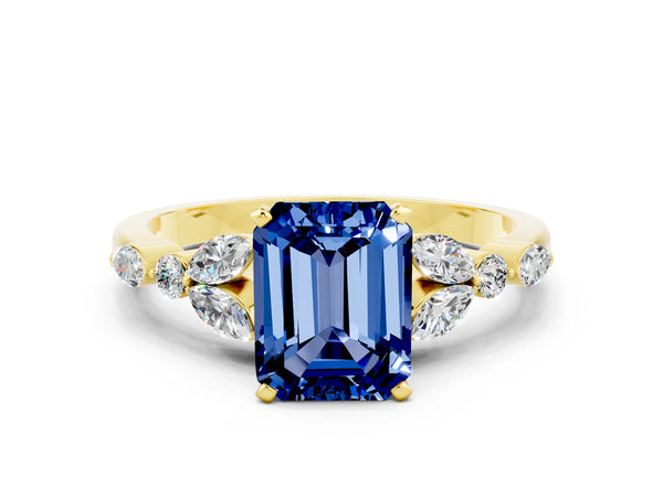 Yellow gold Emerald Cut Blue Sapphire Solitaire Ring with Side Stones and Four-Prong Setting