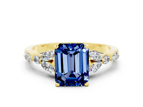 Yellow gold Emerald Cut Blue Sapphire Solitaire Ring with Side Stones and Four-Prong Setting_12