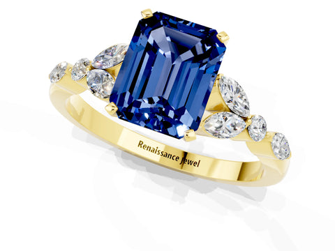 Yellow gold Emerald Cut Blue Sapphire Solitaire Ring with Side Stones and Four-Prong Setting_13