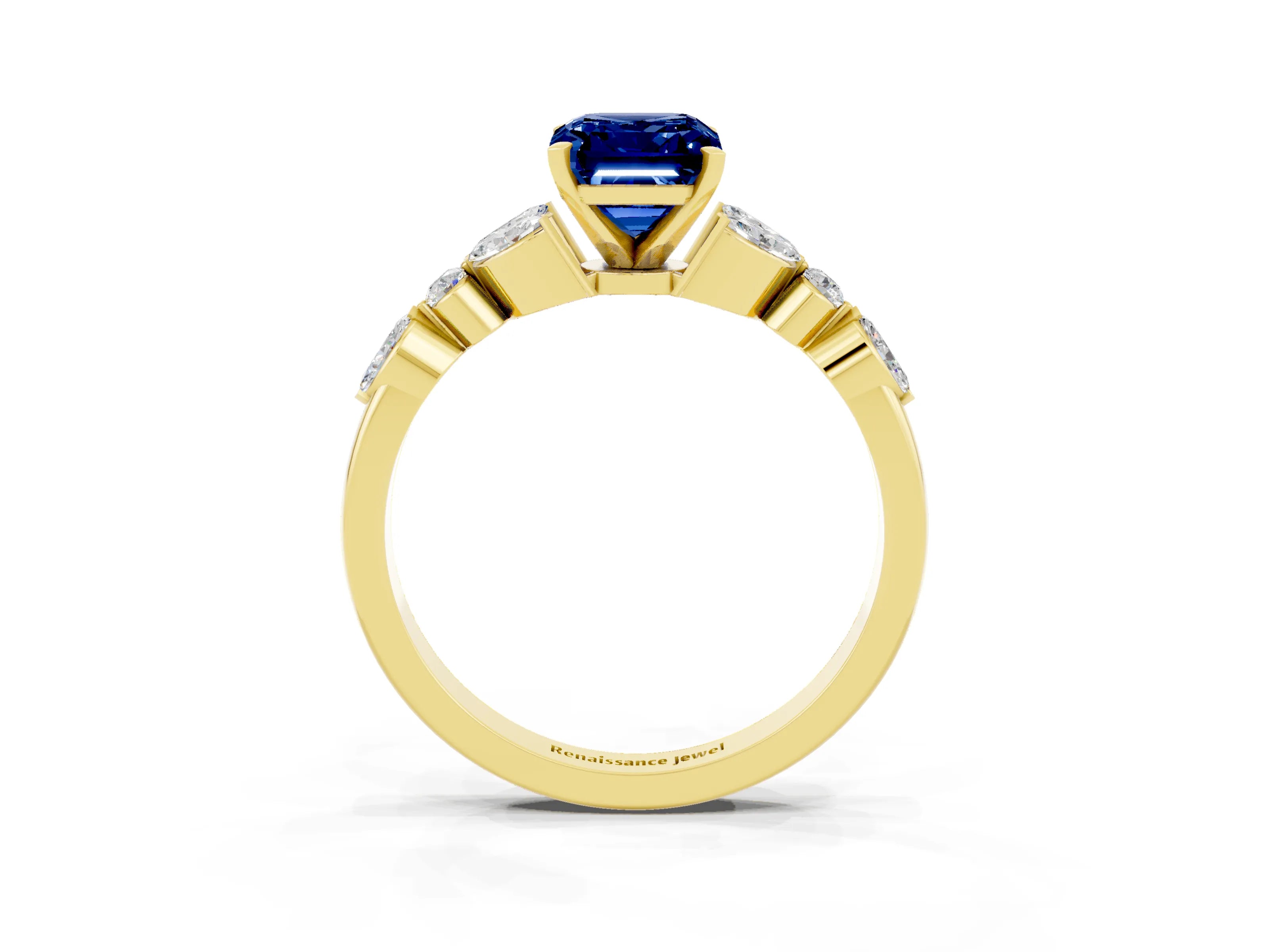 Yellow gold Emerald Cut Blue Sapphire Solitaire Ring with Side Stones and Four-Prong Setting_15