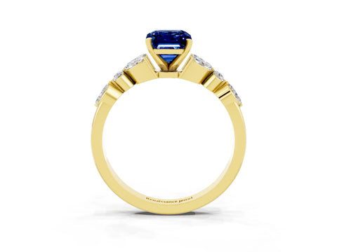 Yellow gold Emerald Cut Blue Sapphire Solitaire Ring with Side Stones and Four-Prong Setting_15