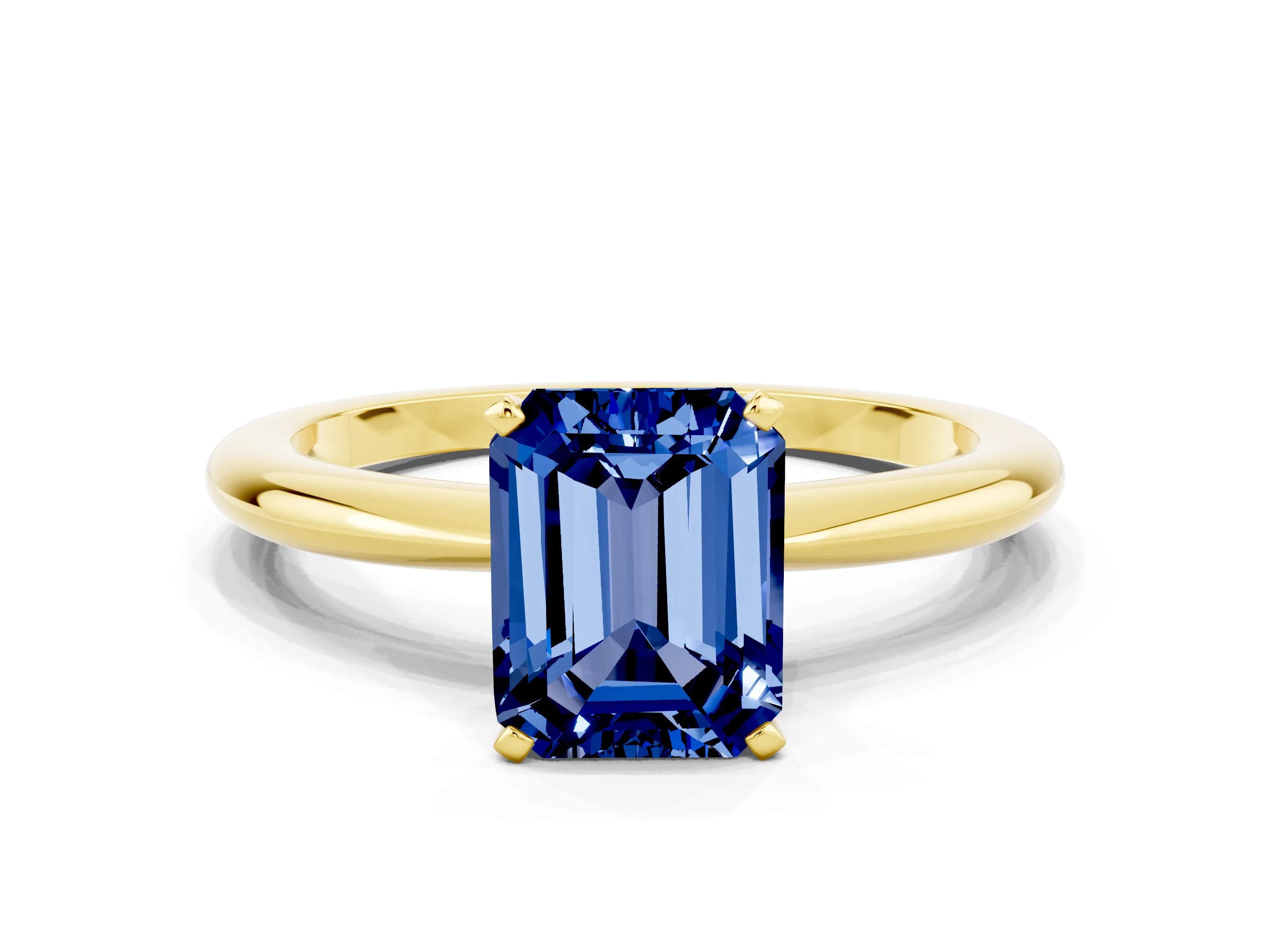 Yellow gold Emerald Cut Blue Sapphire Solitaire Ring with Six-Prong Setting and Classic Band