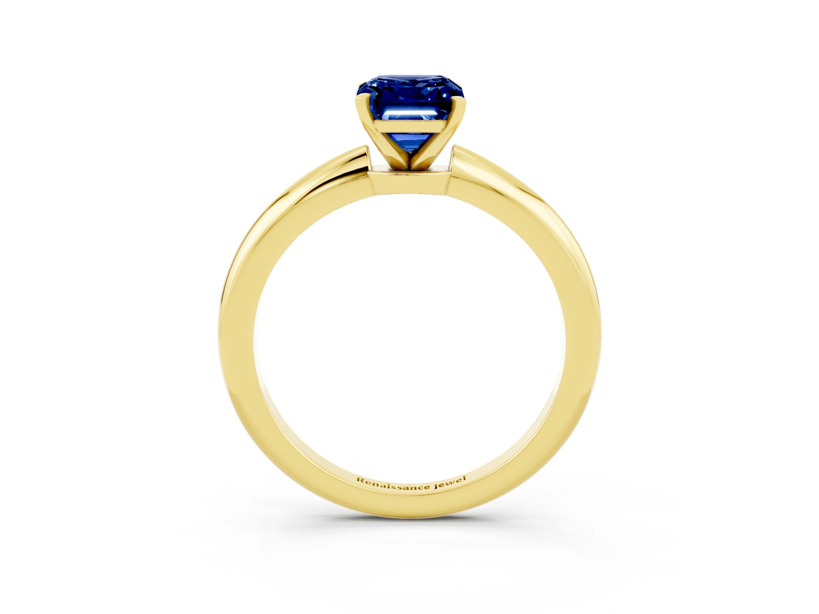 Yellow gold Emerald Cut Blue Sapphire Solitaire Ring with Six-Prong Setting and Classic Band_3
