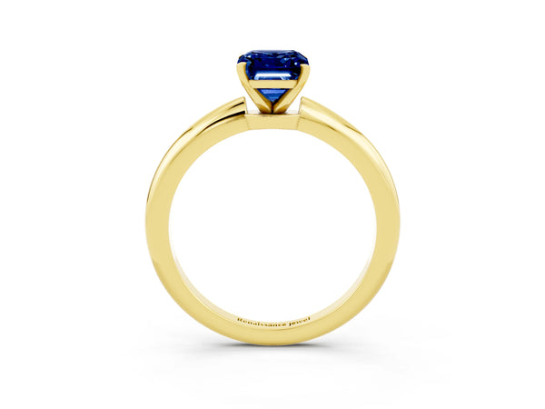 Yellow gold Emerald Cut Blue Sapphire Solitaire Ring with Six-Prong Setting and Classic Band