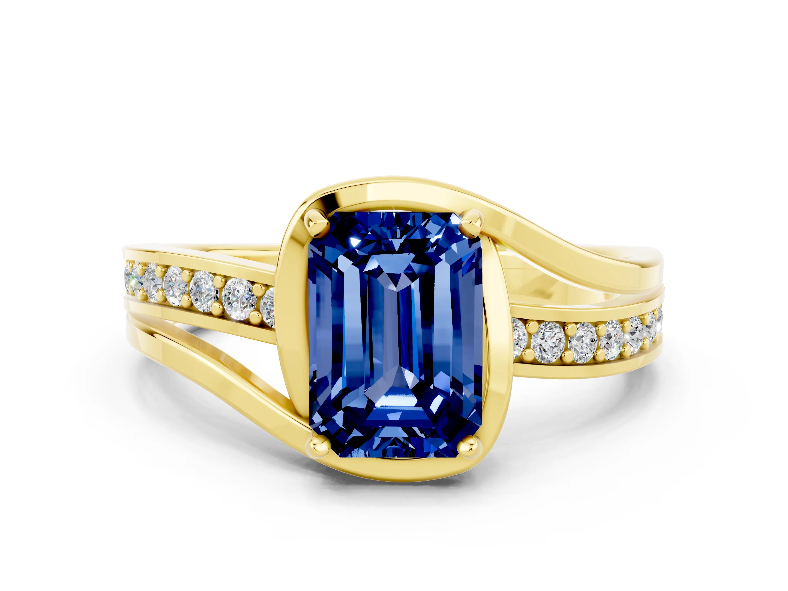 Yellow gold Emerald Cut Blue Sapphire Solitaire Ring with Split Shank and Prong Setting
