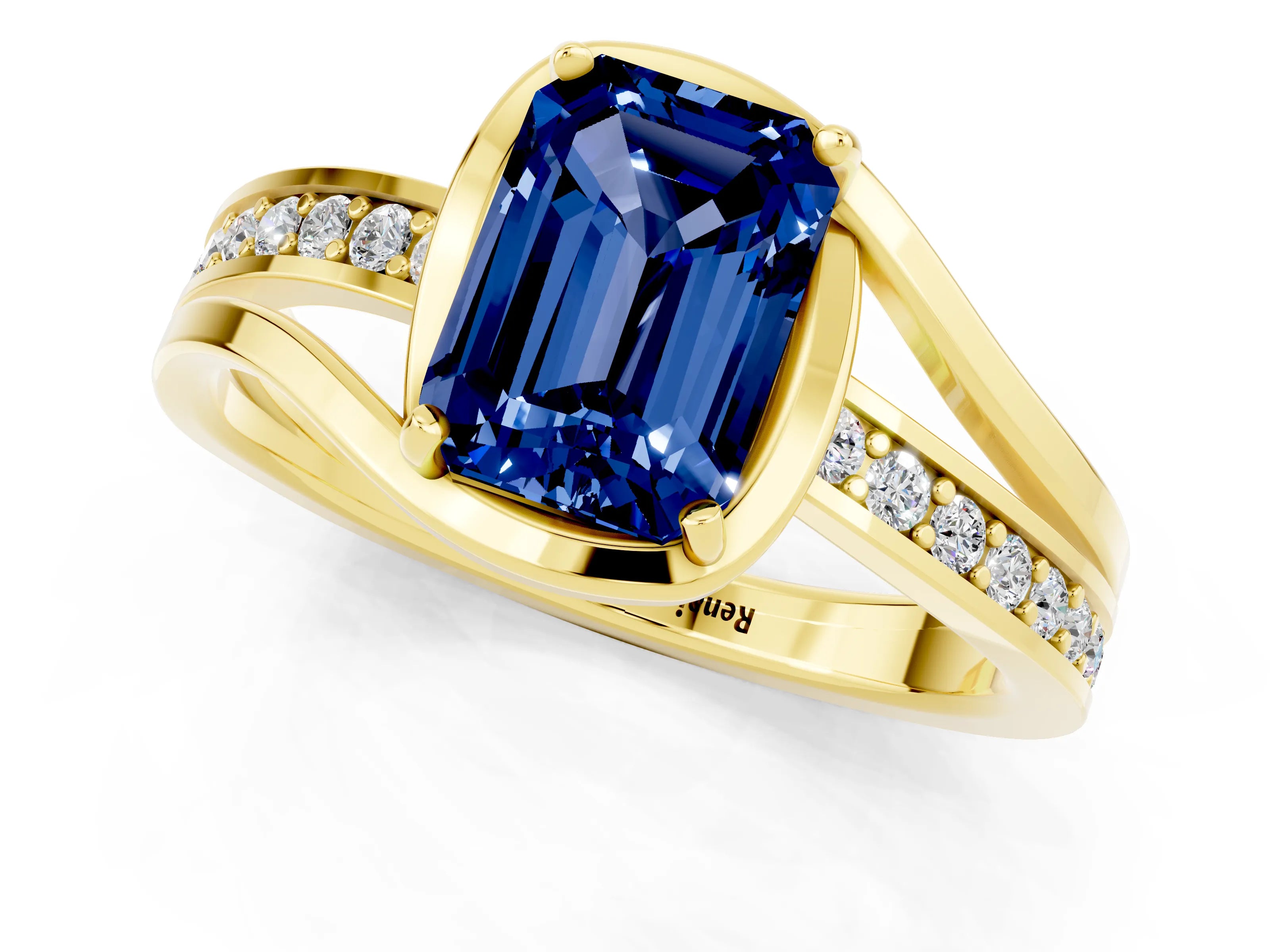 Yellow gold Emerald Cut Blue Sapphire Solitaire Ring with Split Shank and Prong Setting_1