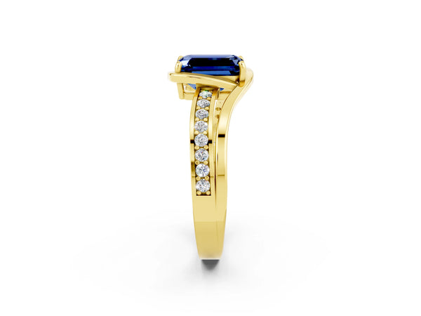 Yellow gold Emerald Cut Blue Sapphire Solitaire Ring with Split Shank and Prong Setting