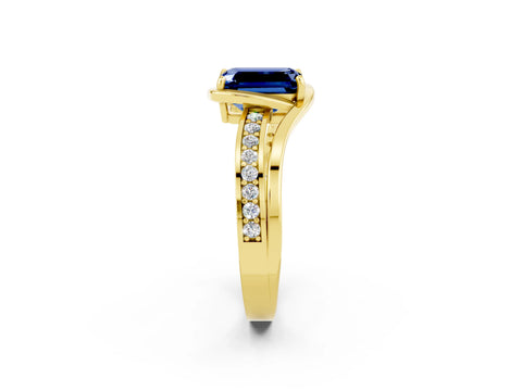 Yellow gold Emerald Cut Blue Sapphire Solitaire Ring with Split Shank and Prong Setting_2