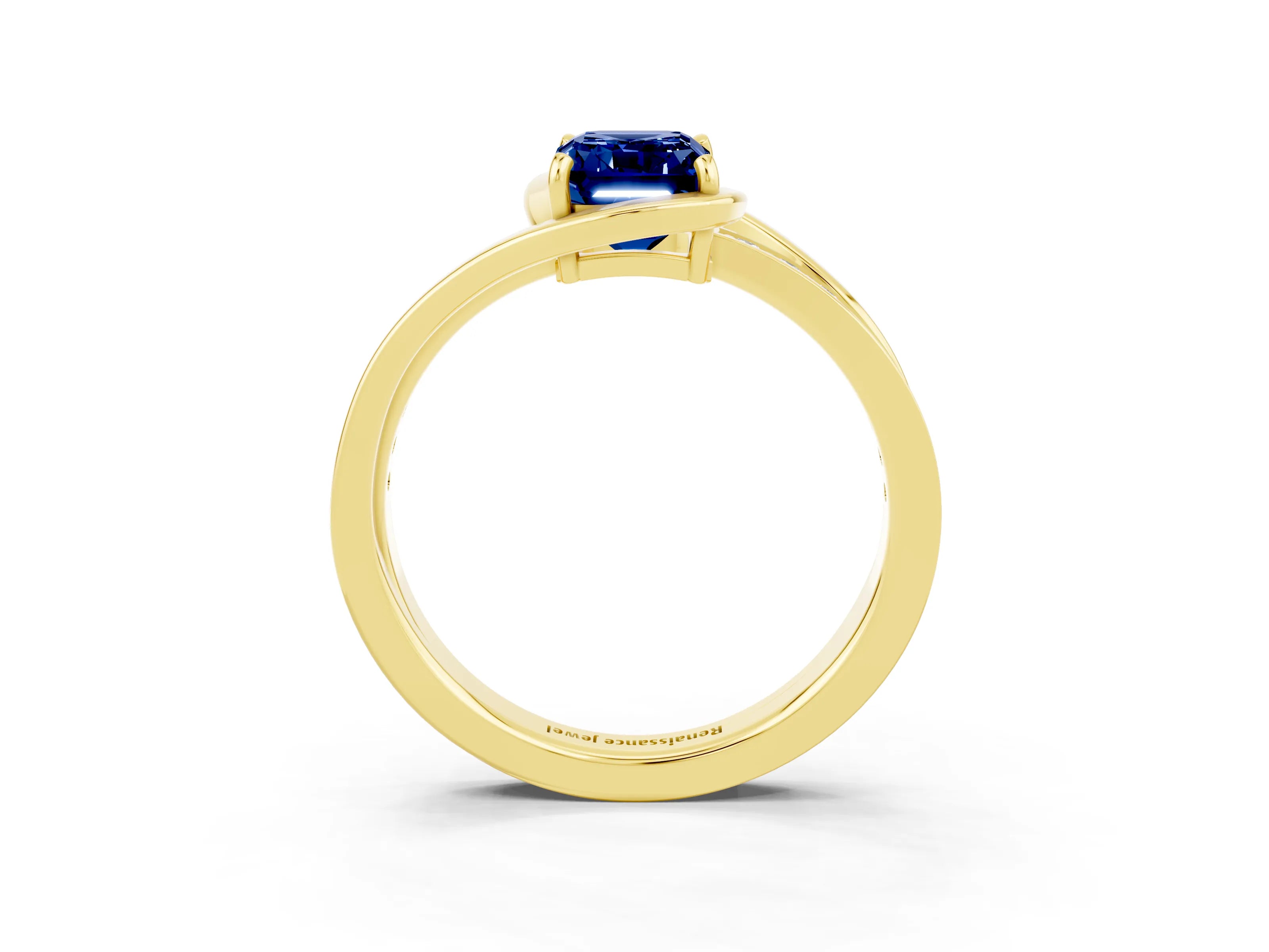 Yellow gold Emerald Cut Blue Sapphire Solitaire Ring with Split Shank and Prong Setting_3