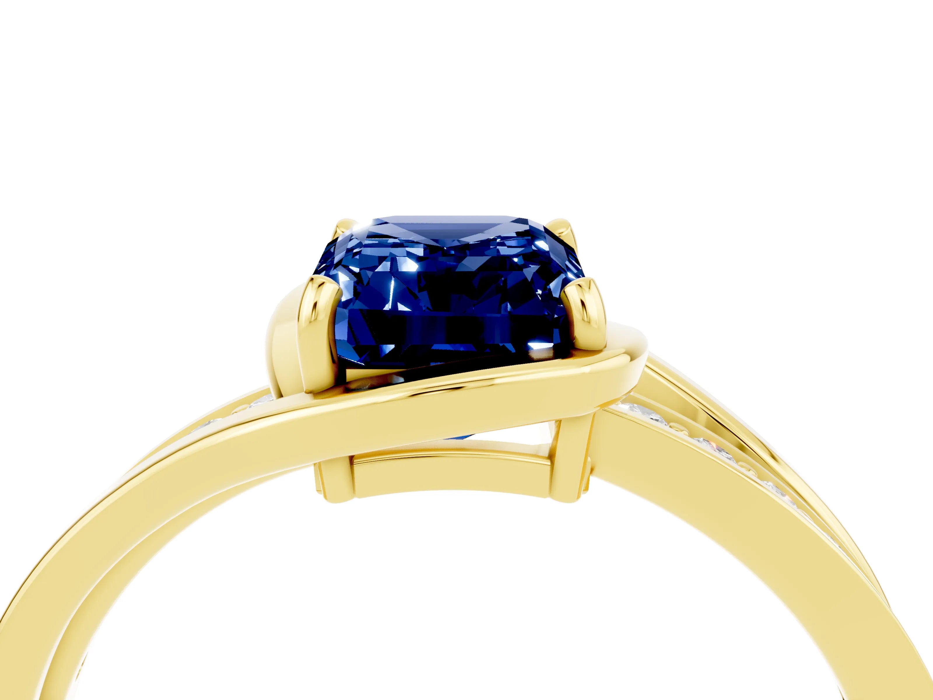 Yellow gold Emerald Cut Blue Sapphire Solitaire Ring with Split Shank and Prong Setting_4