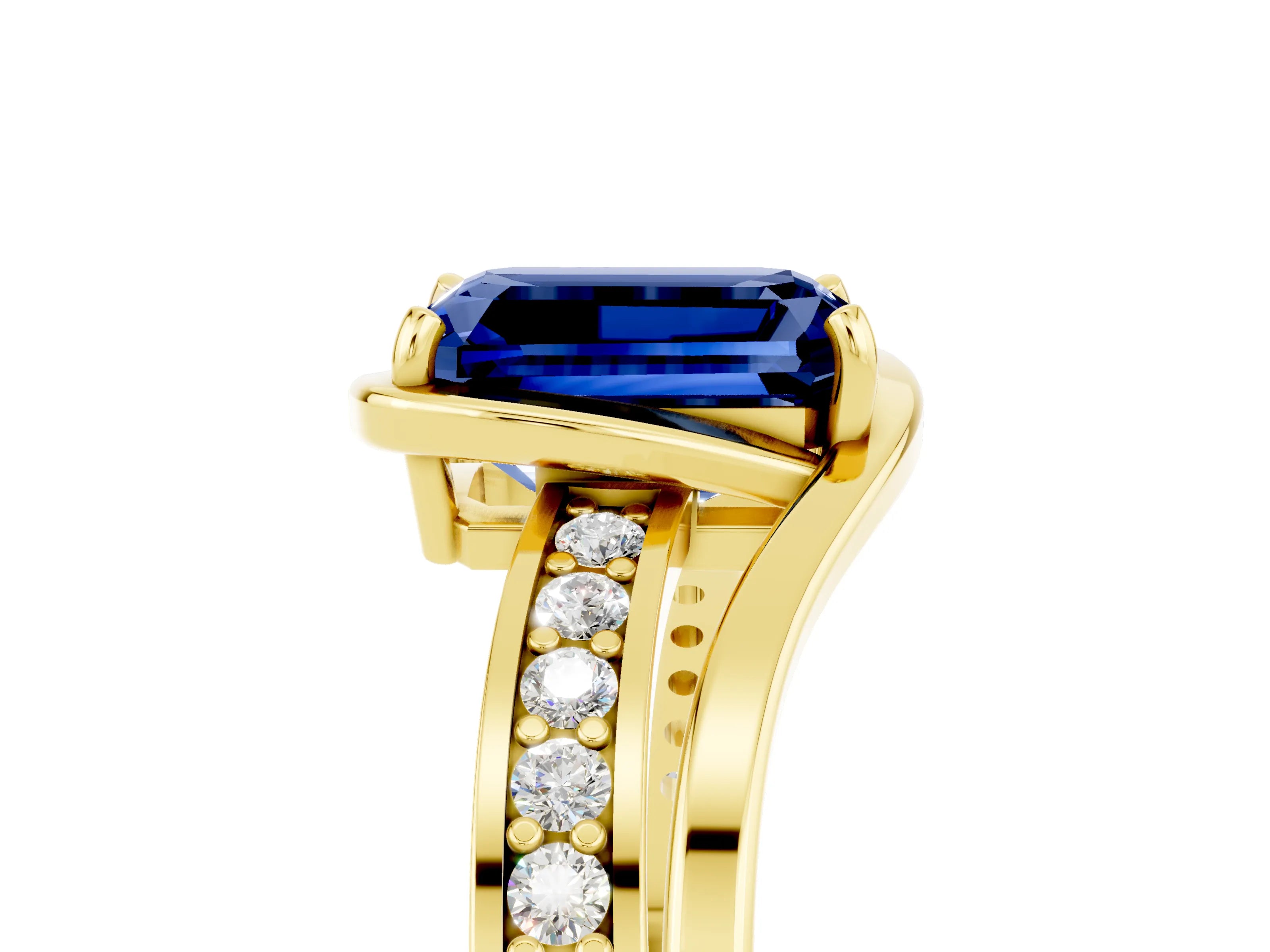 Yellow gold Emerald Cut Blue Sapphire Solitaire Ring with Split Shank and Prong Setting_5