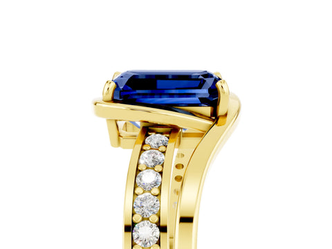 Yellow gold Emerald Cut Blue Sapphire Solitaire Ring with Split Shank and Prong Setting_5